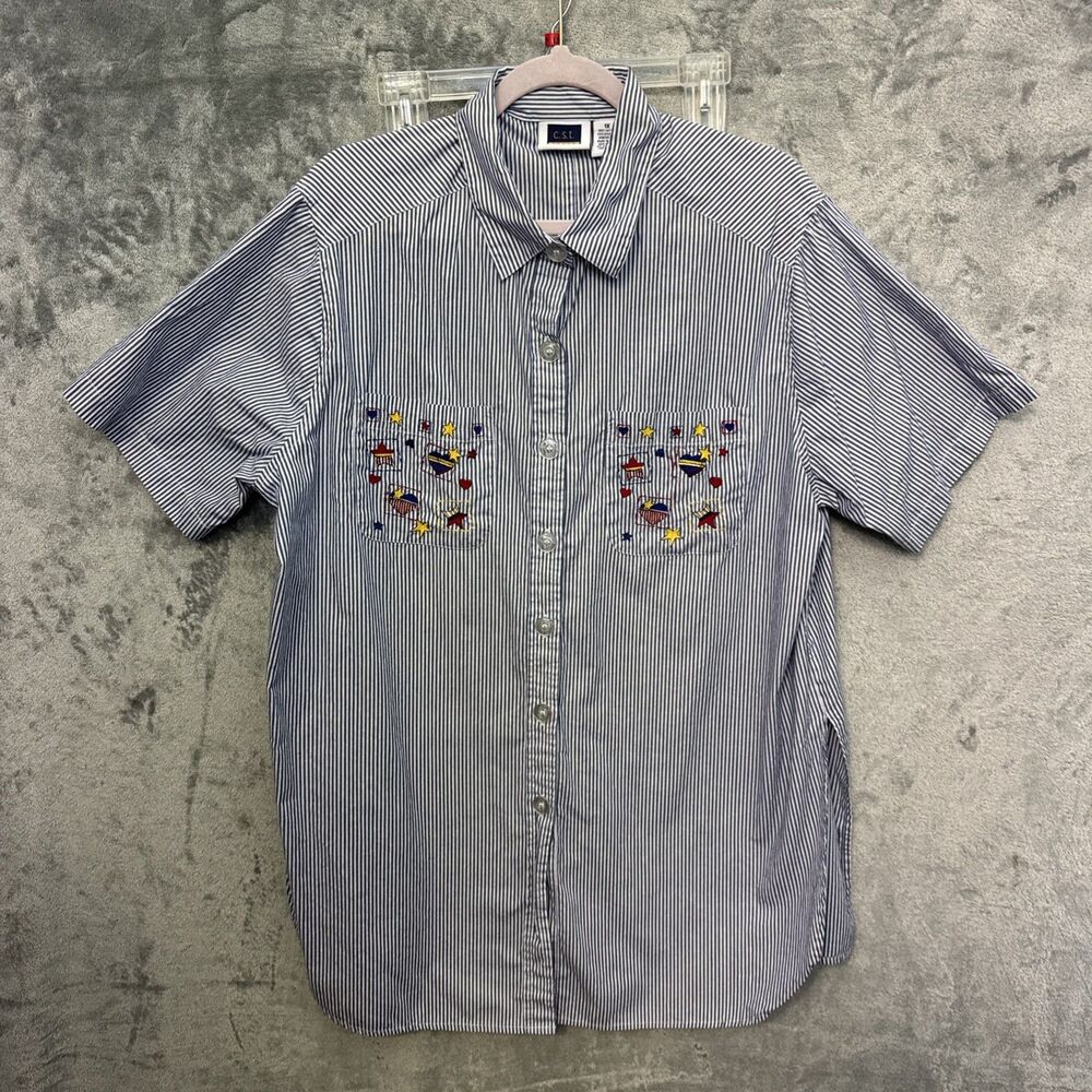 CST Sport Women Sz 1x blouse blue white stars hearts